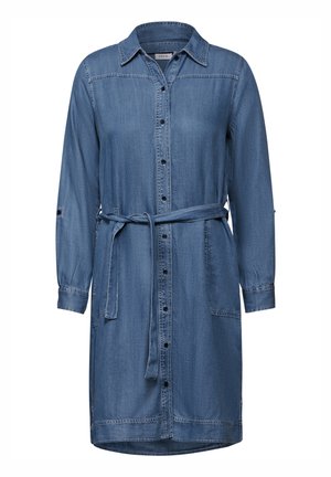 Denim-Hemdkleid in Mittelblau, mit durchgehender Knopfleiste, langen Ärmeln mit Manschettendetails, einem taillierten Gürtel und zwei seitlichen Taschen.