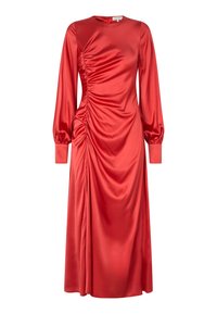 Rotes Satin-Kleid mit langen Puffärmeln, seitlicher Raffung und midi-langer Schnittform. Es hat einen runden Halsausschnitt und einen verdeckten Reißverschluss am Rücken.
