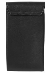 Musta nahkainen puhelinlaukku, jossa on sileä pinta ja taitettava läppäkiinnitys. Minimalistinen muotoilu ilman näkyviä koristeita.