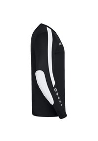 Maglietta sportiva nera a maniche lunghe con strisce bianche, texture a coste, colletto arrotondato e dettagli con bottoni sui lati. Il tessuto sembra leggero.