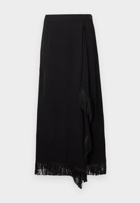 Μαύρη φούστα τύπου wrap με υφή, που διαθέτει τελειώματα με κρόσσια και ριχτό σχέδιο. Το ύφασμα είναι λείο και ρέει κομψά.