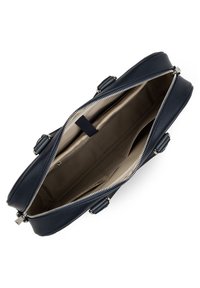 Navy leather bag with silver zipper, spacious interior, beige lining, and multiple compartments for organized storage. Smooth texture and sturdy design.