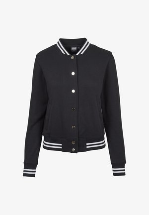 Schwarze Collegejacke mit geripptem Kragen und Bündchen, Druckknopfverschluss und weißen Streifenakzenten an Taille und Ärmeln. Weicher Stoff.