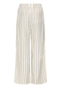 Beżowe spodnie o szerokich nogawkach z pionowymi czarno-brązowymi paskami, elastycznym paskiem w talii i pojedynczą tylną kieszenią po prawej stronie.