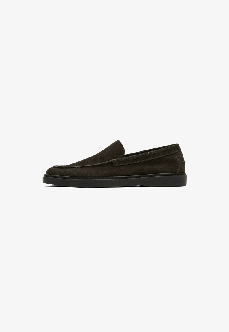 Dark brown suede slip-on loafer with black rubber sole and minimal stitching details, shown in profile on a white background.