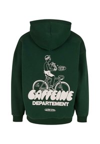 Ciemnozielona bluza z kapturem z białym graficznym wzorem przedstawiającym rowerzystę trzymającego kubek kawy, z napisem "DEPARTAMENT KAWY" poniżej.