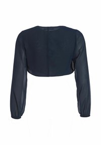 Blouse longue transparente cropped bleu marine à manches longues avec poignets élastiques et encolure ronde, vue de dos.