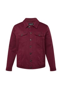 Bordová džínová bunda s límečkem, předním zapínáním na knoflíky, dvěma kapsami na hrudi a bočními kapsami; má stříbrné knoflíky a švy.