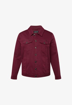 Bordeaux denimjack met een kraag, knoopsluiting aan de voorkant, twee borstzakken en zijzakken; beschikt over zilverkleurige knopen en stiksels.