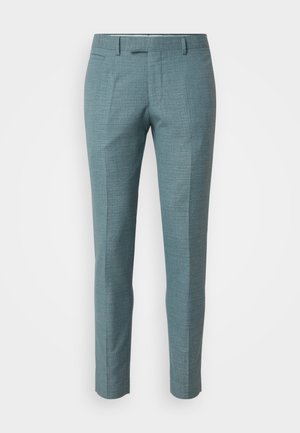 Maßgeschneiderte Hose aus einem hellen Türkisstoff, mit einem strukturierten Muster, schlanker Passform, seitlichen Taschen und einem mittelhohen Taillenbund.