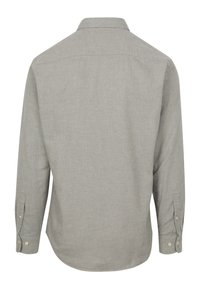 Graues Langarmhemd mit weicher Textur, geknöpften Manschetten und einem normalen Kragen; weist einen abgerundeten Saum und ein sauberes, einfaches Design auf.