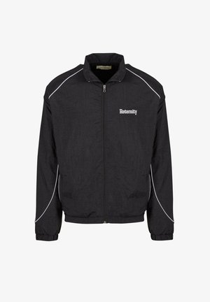 Black zip-up jacket made of lightweight material, featuring white accents, ribbed cuffs, and a logo on the left side.