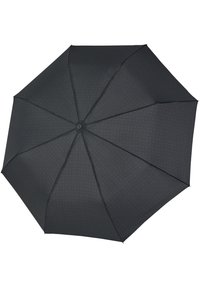 Ombrello nero con un motivo geometrico di piccoli quadrati. Realizzato in tessuto con una texture liscia, è supportato da otto stecche.