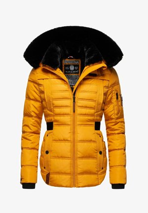 Yellow puffer jacket with a faux fur collar, quilted design, zip front, side pockets, and black accents on sleeves and waist.