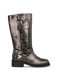 Metaliczne szare kozaki do kolan o błyszczącej teksturze, z pięcioma regulowanymi klamrami i niskim, blokowym obcasem.