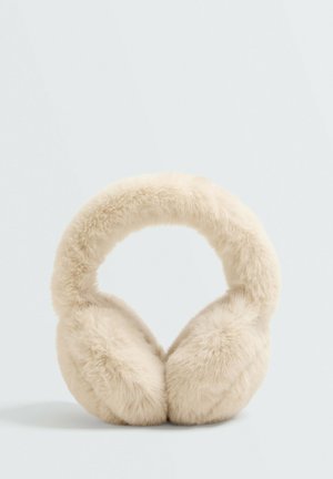 Cache-oreilles en fausse fourrure couleur crème avec un bandeau rembourré, sur un fond clair.