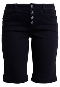 Černé džíny krátké kalhoty s vysokým pasem, zapínání na pět knoflíků a dvěma předními kapsami, s hladkou, pevnou texturou a délkou ke kolenům.