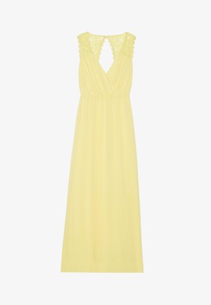 Abito maxi giallo con dettagli in pizzo sulle spalle, profondo scollo a V sul retro, vita arricciata e gonna fluente realizzata in un tessuto leggero.