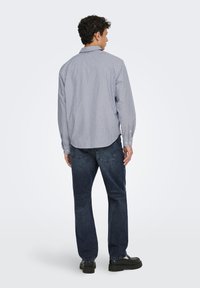 Πουκάμισο με μπλε και λευκές ρίγες, μακριά μανίκια, μανσέτες με κουμπιά. Φορεμένο με σκούρα μπλε τζιν και μαύρα παπούτσια, εμφανίζεται από πίσω.