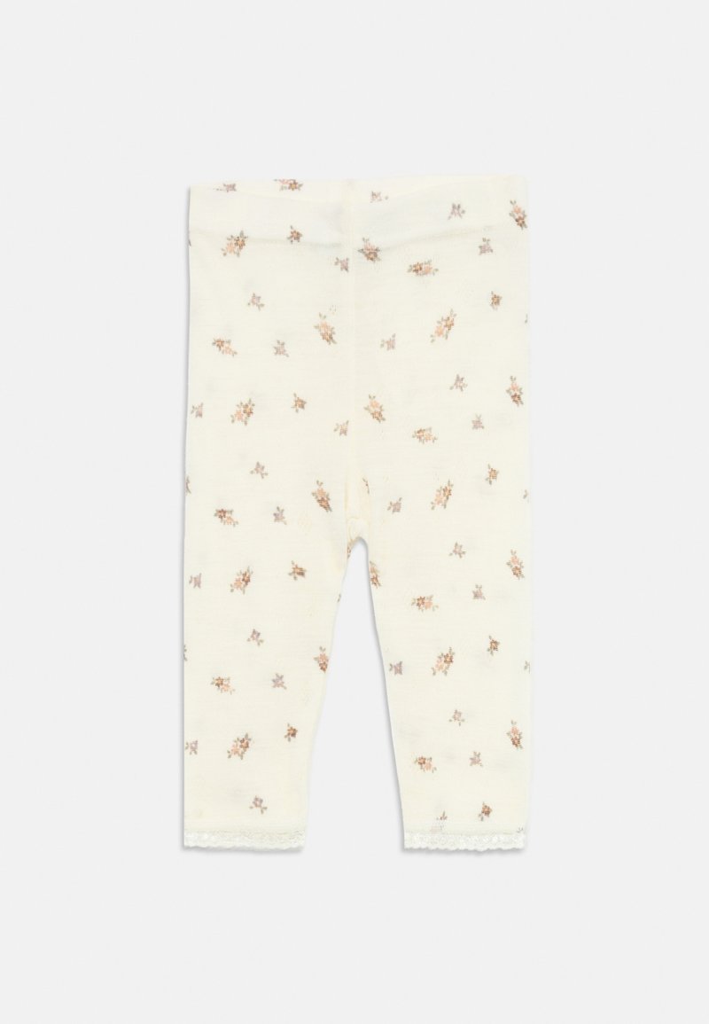 Tights i mjuk bomull, krämfärgad med ett blommönster i nyanser av rosa och brunt. Spetsdetaljer vid fållen ger extra stil.