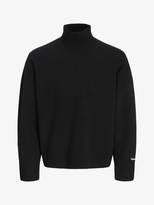 Zwarte geribbelde wollen coltrui met lange mouwen en een klein geborduurd logo op de linker mouwboord.