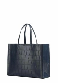 Borsa a mano blu navy con una finitura lucida effetto coccodrillo, forma rettangolare e due manici lunghi per il trasporto.