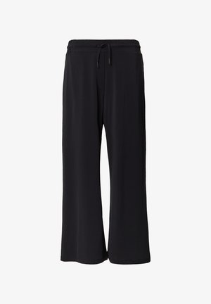 Schwarze weit geschnittene Hose aus leichtem, dehnbaren Stoff. Sie verfügt über einen elastischen Bund mit Kordelzug für eine verstellbare Passform.
