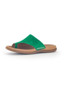 Green suede slide sandal with an open toe and a decorative stitched accent on the side. Brown cushioned sole with a rounded shape.