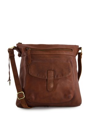 Bruine leren crossbodytas met verstelbare schouderriem, voorvak met rits en groot voorvak met klep en lipje.