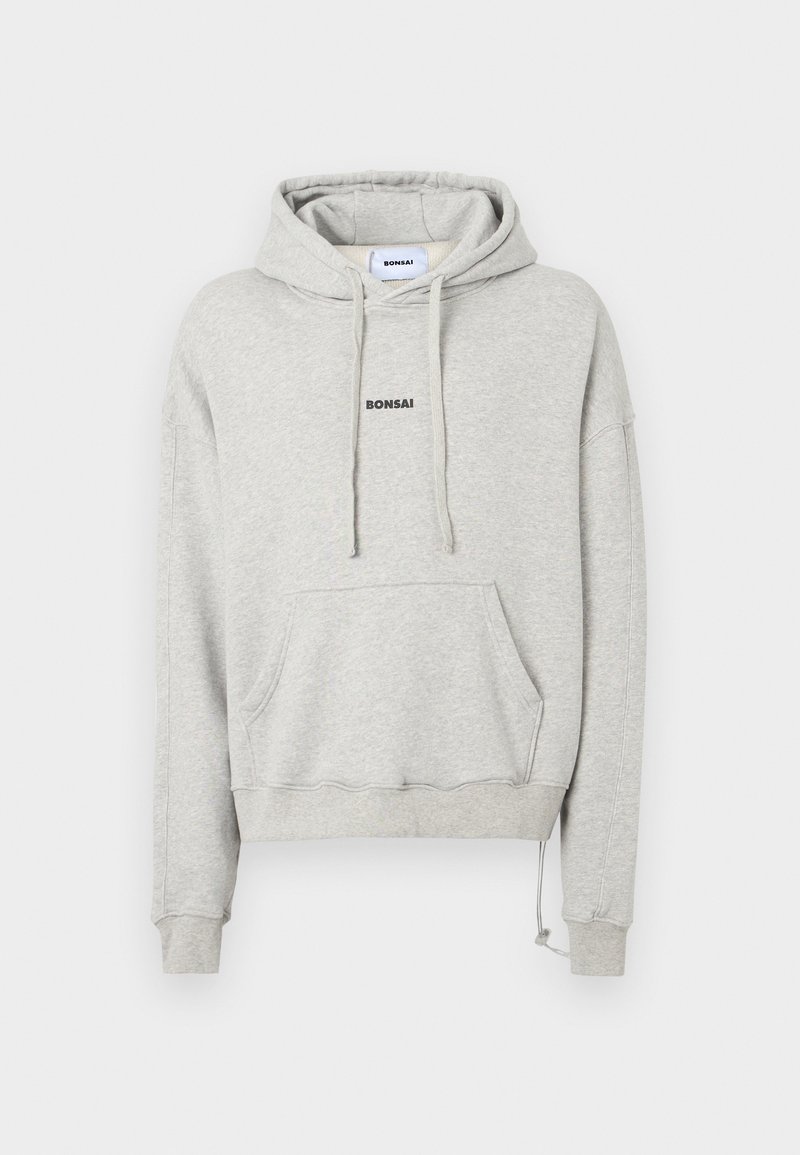 Light gray hoodie made of soft cotton blend. Features a front pocket, ribbed cuffs, and drawstring at the hem with "BONSAI" print on the chest.