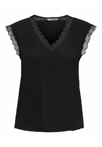 Černá bezrukávová blůza s výstřihem do V, s krajkovým lemováním na ramenech a výstřihu. Měkká tkanina, volný střih a rovný lem.