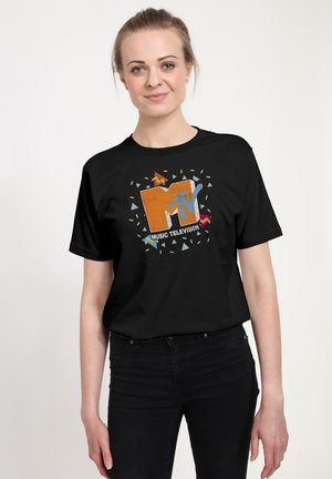 Black cotton t-shirt featuring an orange MTV logo with blue accents and colorful geometric shapes around it. Short sleeves, crew neck design.