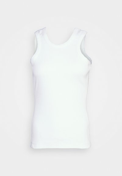 White sleeveless tank top made of ribbed cotton. Features a round neckline and side seams, with a fitted design and smooth texture.