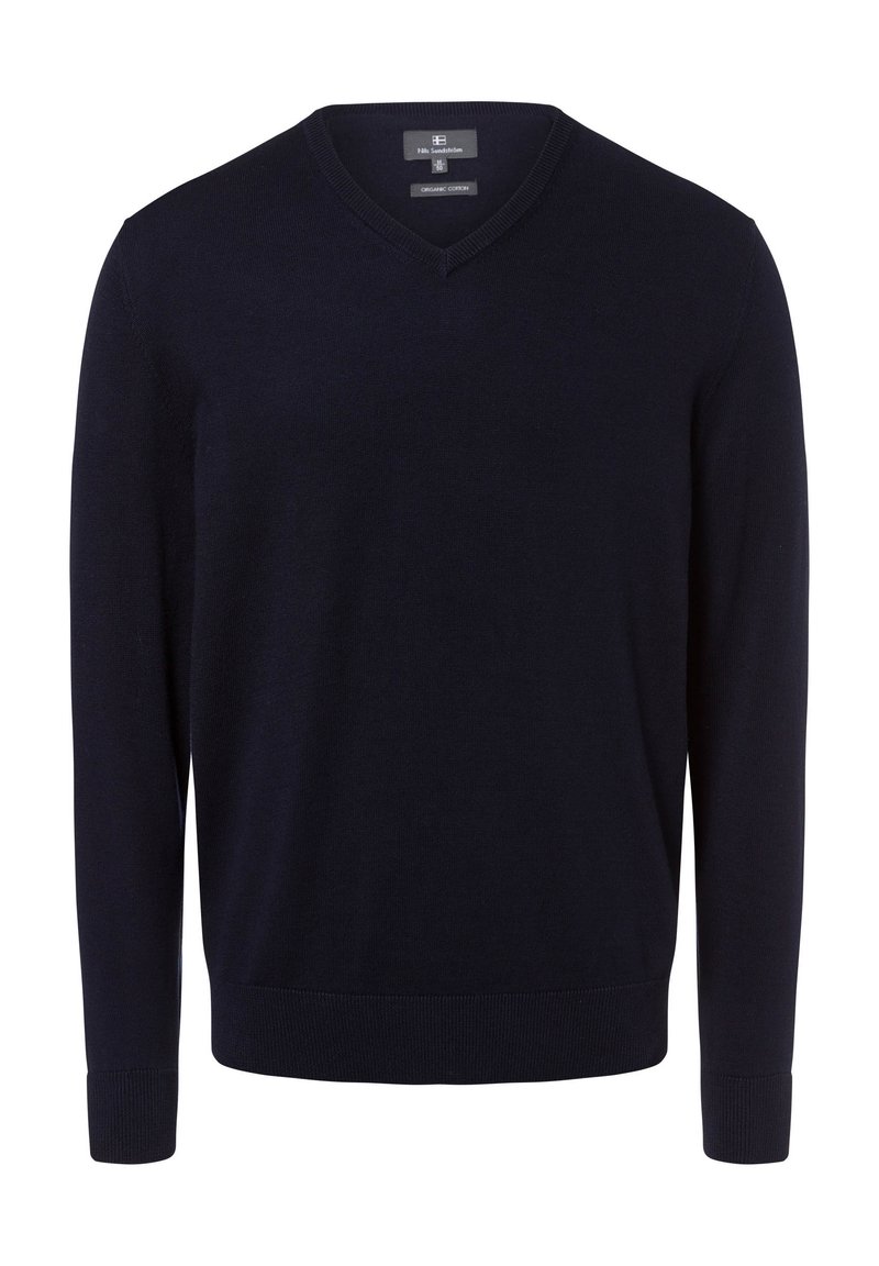 Navy V-Ausschnittpullover aus Bio-Baumwolle, mit langen Ärmeln, gerippten Bündchen und einer glatten Textur. Keine Muster oder sichtbare Hardware.