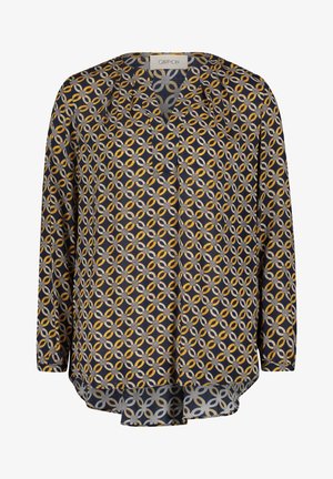 Dark blue blouse featuring a geometric pattern of interlocking circles in yellow, gray, and white. Long sleeves and a V-neck design.