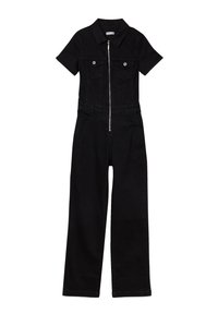Černý džínový overal s límečkem, krátkými rukávy, dvěma náprsními kapsami, zipem vpředu a širokými nohavicemi.