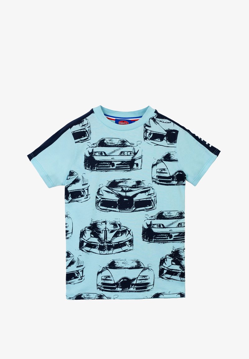 T-shirt azzurro chiaro con una grafica ripetuta di vari design di auto in nero. Presenta dettagli in blu navy sulle spalle.