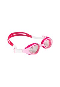 Rosa simglasögon med transparent lins, med en texturerad ram, justerbara remmar i rosa och vitt, samt ventilationshål på sidorna.
