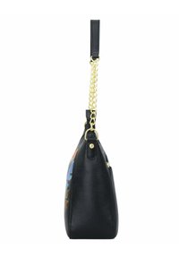 Zwarte leren handtas met kettinghengsels, voorzien van een kleurrijk grafisch ontwerp aan één kant. Gladde textuur, gestructureerde vorm, gouden hardware accenten.