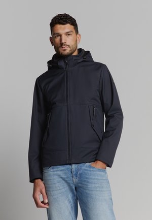 Navy lightweight jacket with a hood, front zip, two side pockets, and a smooth texture. Features adjustable drawstrings on the hood.