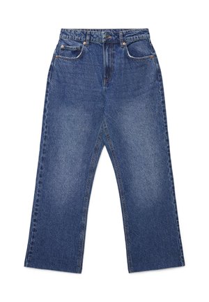 Jeans di denim blu con gambe dritte, chiusura con bottone e cerniera, tasche frontali e posteriori, e cuciture visibili su sfondo bianco.