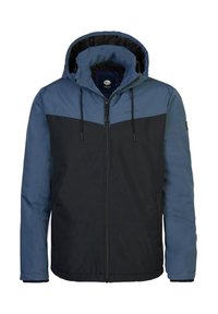 Chaqueta con capucha que presenta un diseño bicolor con una parte superior azul y una mitad inferior negra. Confeccionada en tela suave, cuenta con cierre de cremallera y cordones ajustables.