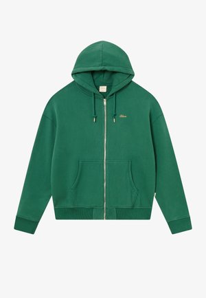 Grön zip-up hoodies med en gyllene logotyp, dragsko-huva, två framfickor och ribbade muddar och fåll. Tillverkad av mjukt tyg.