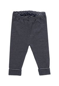 Cotton leggings in navy blue with white horizontal stripes, featuring a soft waistband and cuffs at the ankles for comfort and fit.