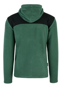 Green fleece jacket with a black upper back panel and hood. Features long sleeves and a smooth texture. Simple, practical design.