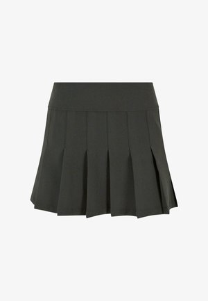 Tumedast hallist kangast plisseeritud mini-seelik, millel on sujuv vöökoht ja laienev disain, terava tekstuuri ja puhaste servadega.