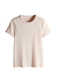 Tricou roz deschis cu mâneci scurte, realizat din țesătură reiată; are gât rotund și croială lejeră. Textură moale, cu detalii minimaliste de design.