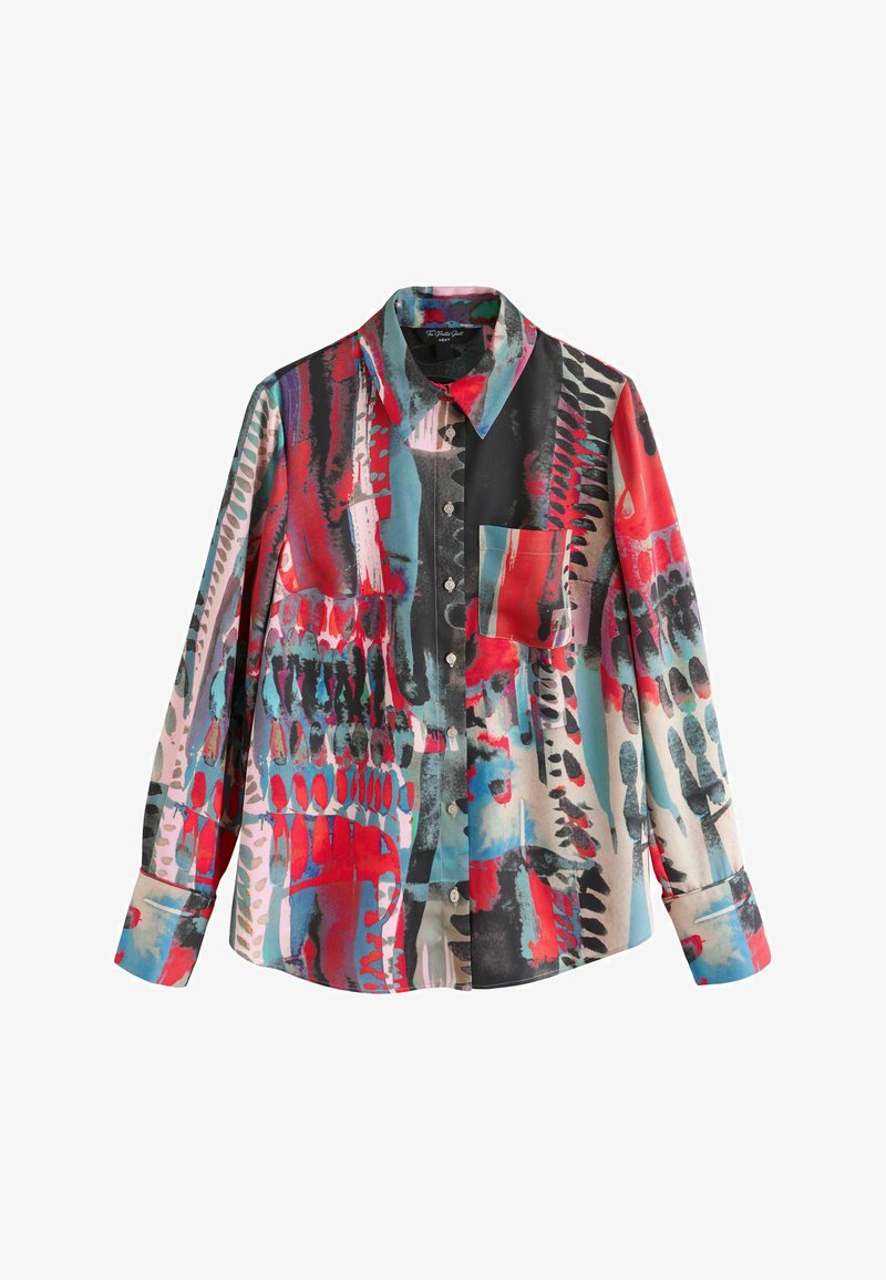 Koszula na guziki z długim rękawem, wzór abstrakcyjny w kolorach czerwonym, czarnym, niebieskim i beżowym oraz z kieszenią na piersi z przodu.