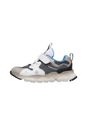 Gray, white, and blue athletic sneaker with mesh upper, Velcro strap, pull tabs, and textured sole, branded "Flower Mountain" on side.