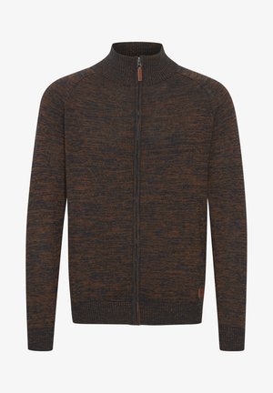 Zipová bunda v tmavě hnědé barvě s texturovaným, mramorovým vzorem; žebrovaný límec a manžety; kožený logo detail na lemu.